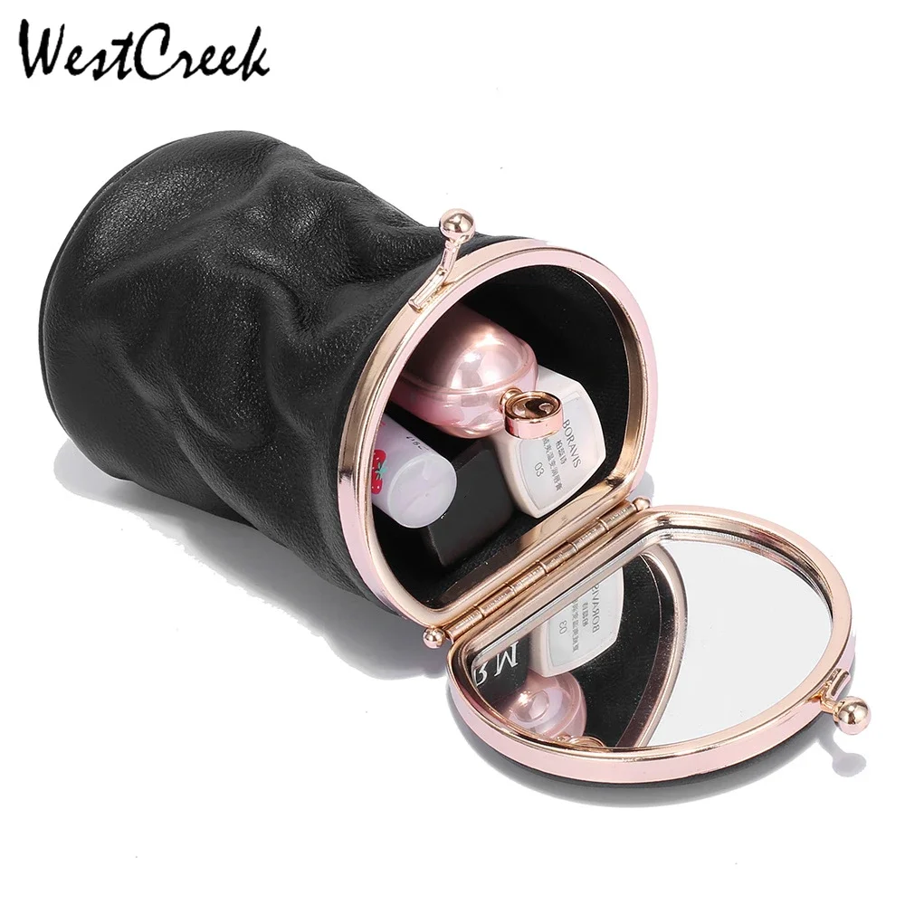 

WESTCREEK Brand Cylinder Mini Cosmetic Bag Genuine Leather Lipstick Bags with Mirror Cute Makeup Bag Toiletry