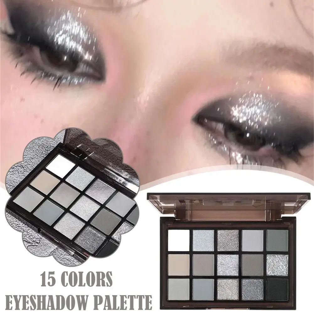 15Colors Glitter Eyeshadow Palette Punk Smokey Cool Palette Pigments Gray Toned Nude Eye Eyeshadow Cosmetics Black Dark Mak P1L9