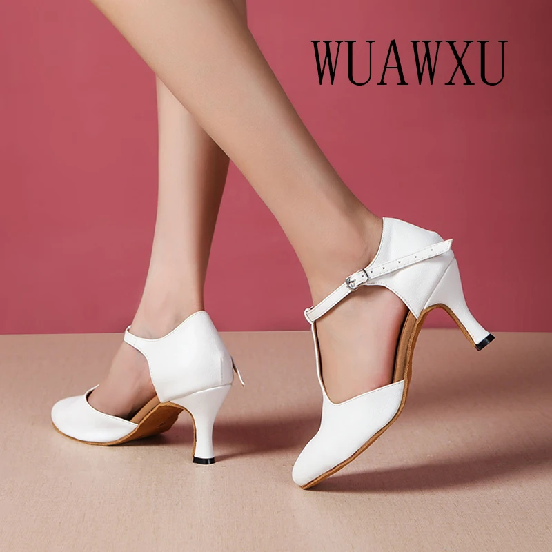 NATASHA Dance Shoes Women Adult Genuine Leather White/Rose 8CM Medium High Heels Indoor Soft Sole Square Dance National Standard