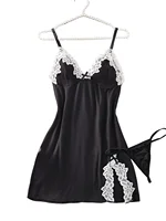 Sexy Women Lingerie Set Lace Trim Satin Babydoll Nightdress Spaghetti Strap Slip Dress With Thong Romantic Bedroom Wear