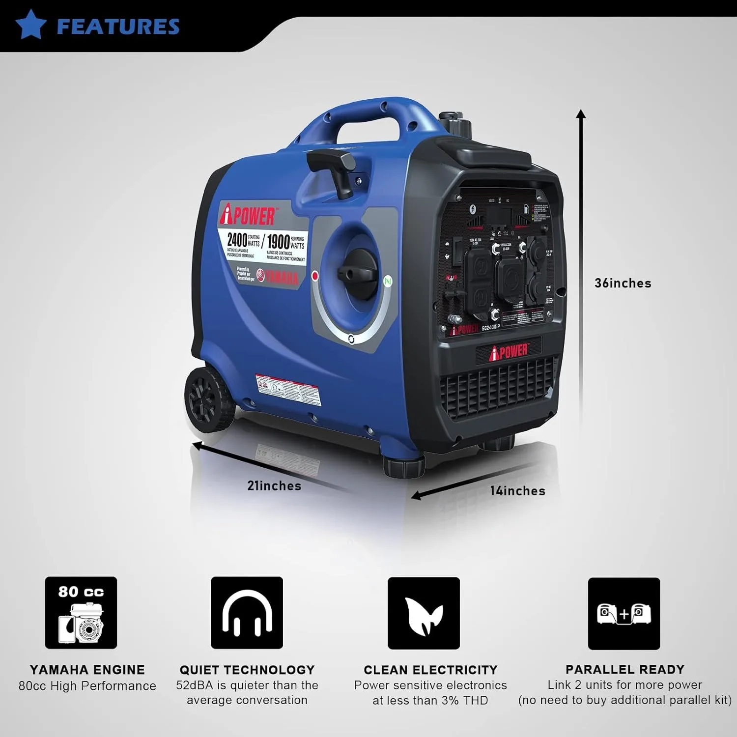 Portable Inverter Generator, 2400W Ultra-Quiet Powered By Yamaha Engine RV Ready, EPA & CARB Compliant, Ultra Lightweight