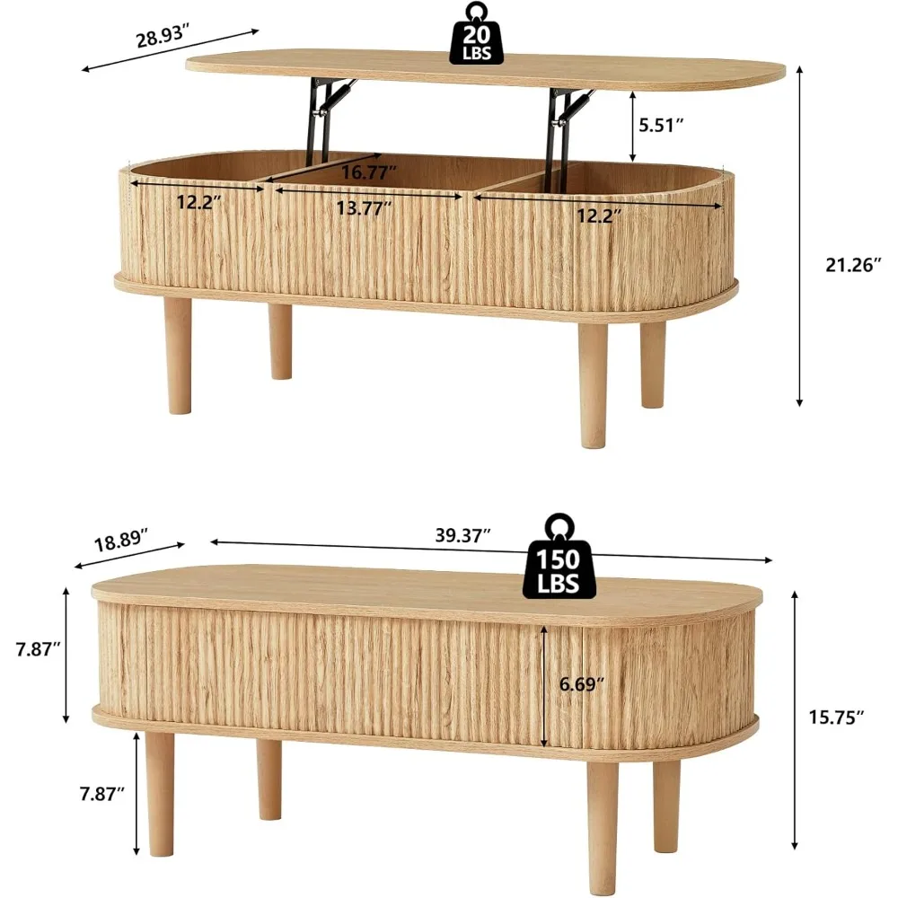 Fluted Lift Top Coffee Table with Hidden Compartment, Fully Assembled Wooden Center Table, Modern Oval Lift Tabletop 2