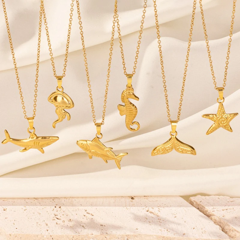 해양 유기체 상어 해파리 불가사리 펜던트, 스테인리스 스틸 목걸이, 리얼 골드 도금 해마 자포니쿠스 초커 쥬얼리 