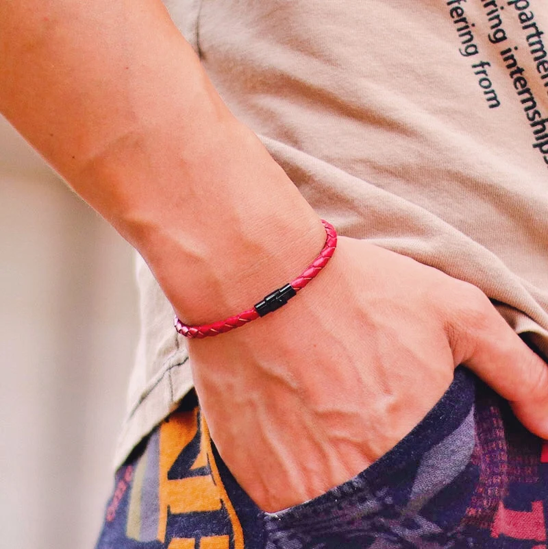 Genuine Leather Men Bracelet with Micro Magnetic Punk Style