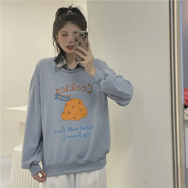 Fake Two Piece Pullovers Japan Style Cotton Graffiti Lapel Loose Casual Sweatshirts Spring Autumn Fashion Thin Long Sleeve Tops