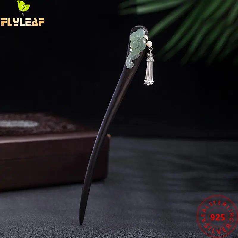 

Real 925 Sterling Silver Jewelry Ebony Jade As One Tassel Wishes Hair Sticks For Women Handmade Chinese Style Hanfu Accessories
