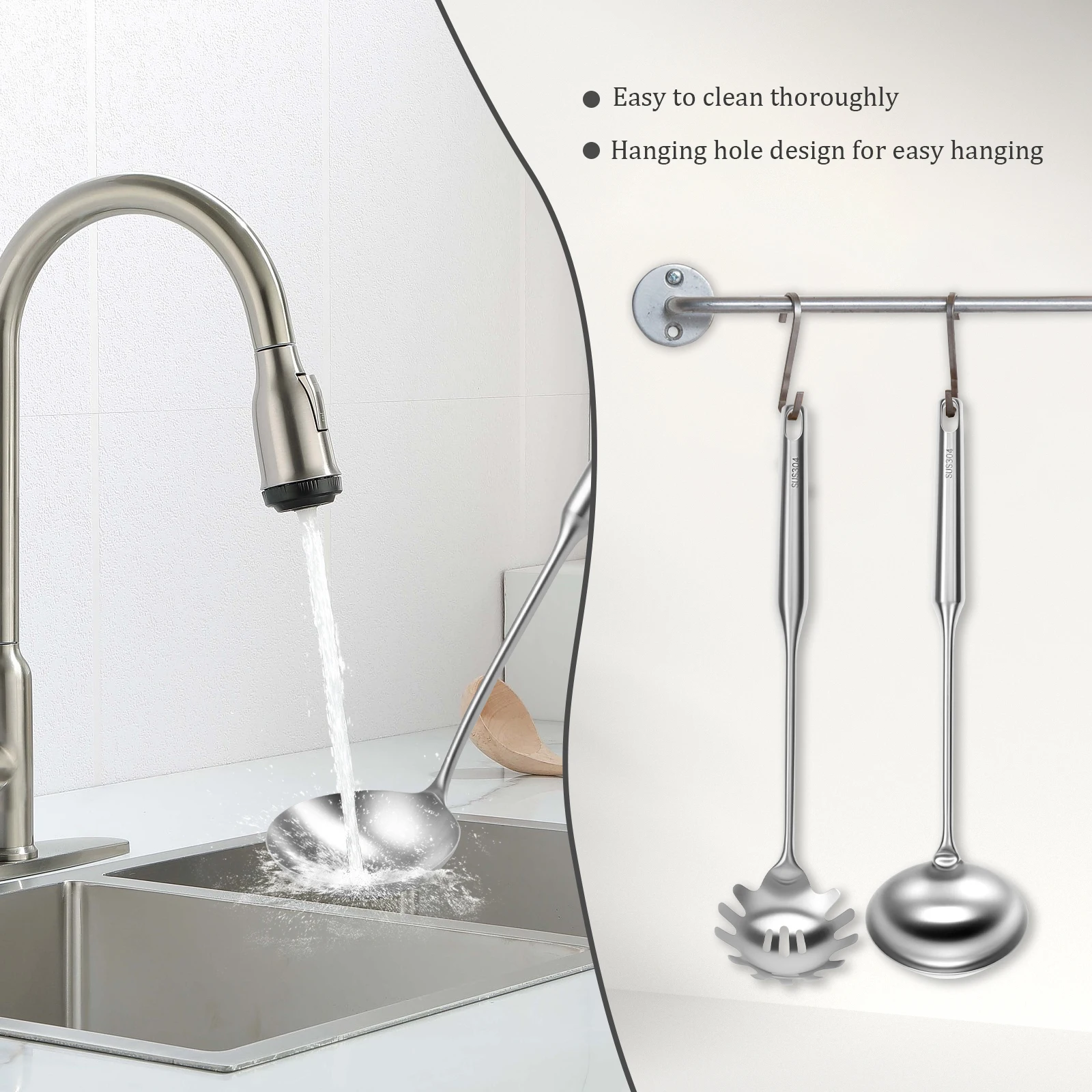 2 Pcs Kitchenware Set 304 Stainless Steel Soup Ladle and Pasta Fork Set Utensils Kit Cooking Tools for Home Kitchen Accessories