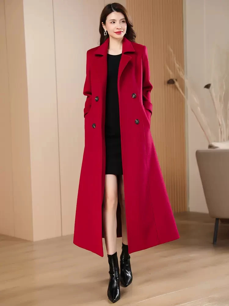 New Women Autumn Winter Red Woolen Overcoat Elegant Fashion Suit Collar Double Breasted Wool Blended Coat Simplicity Long Coat