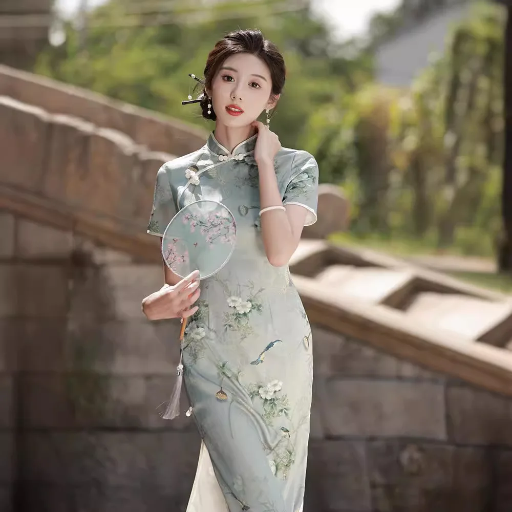 

Yourqipao Spring Hualuo Improved Cheongsam Dress Three-quarter Sleeve Long Chinese Style Evening Dress Qipao for Women