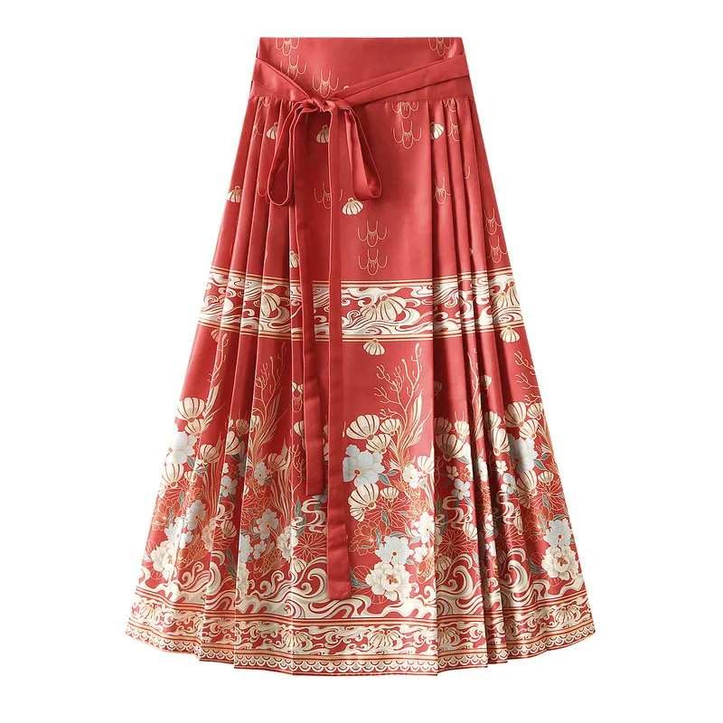 Vintage Ethnic Style New Chinese Black Horse Face Pleated Red Skirt Han Clothing Female 2024 New Skirt Long Skirts For Women