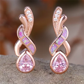 Cute Female Blue Purple Fire Opal Stone Stud Earrings Rose Gold Color Wedding Jewelry For Women