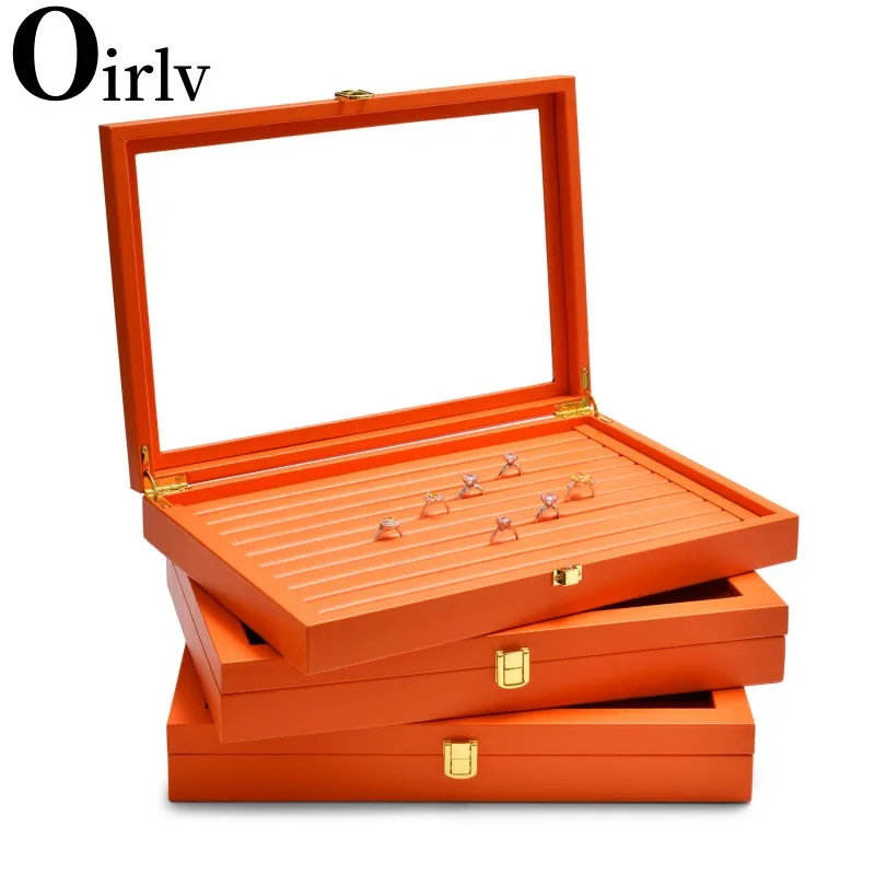 Oirlv Premium Leather Jewelry Tray with Transparent Lid Earrings Rings Organizer Box Multifunction Stackable Jewelry Box Drawer 10pcs paper drawer rope box square rectangle cardboard box with sponge for bracelets rings diy gift jewelry packing supplies