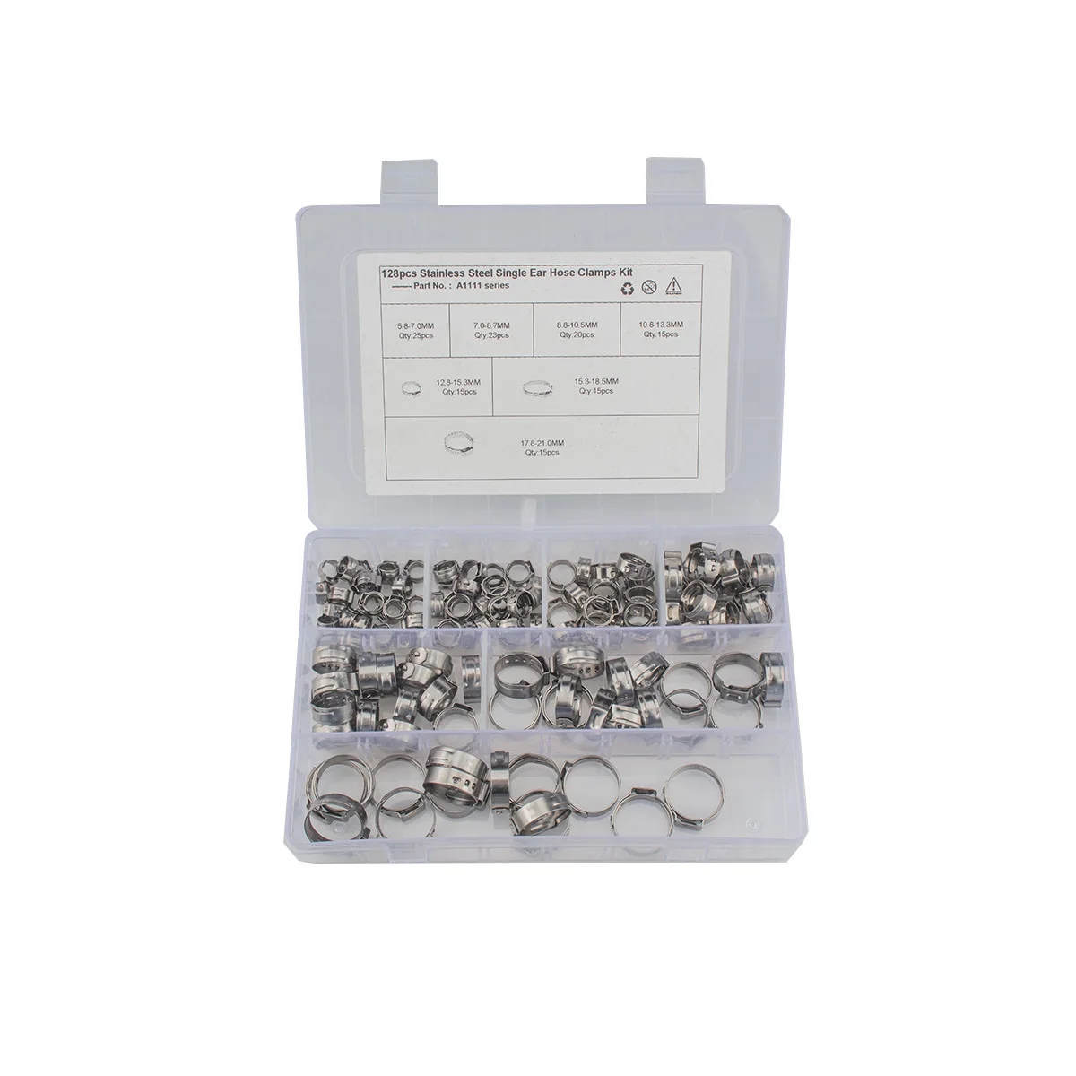 

128pcs 304 Stainless Steel Single Ear Stepless Hose Clamps Clamp Assortment Kit Crimp Pinch Rings for Securing Pipe Hoses