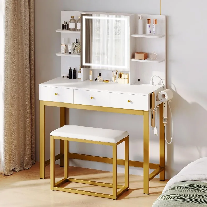 

Makeup Vanity Desk with Power Outlet, White Vanity Desk with Mirror and Lights in 3 Colors,Vanity Makeup Mirror Desk w/ 3 Drawer