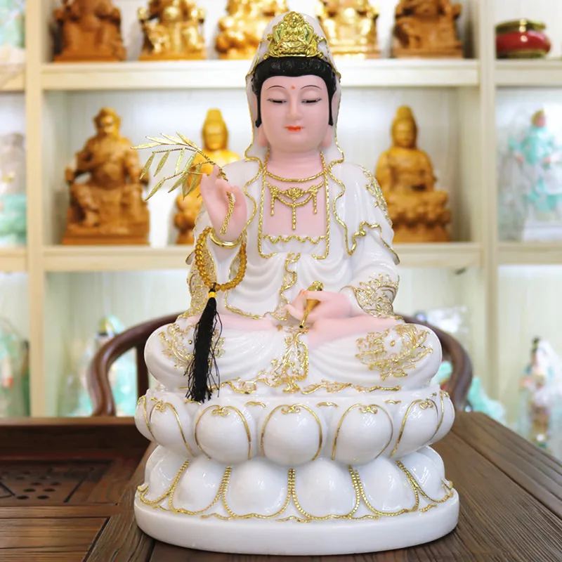 

30CM large- High-grade Home temple efficacious Talisman Mascot Guanyin Pusa Buddha white jade gilding Sculpture statue GOOD