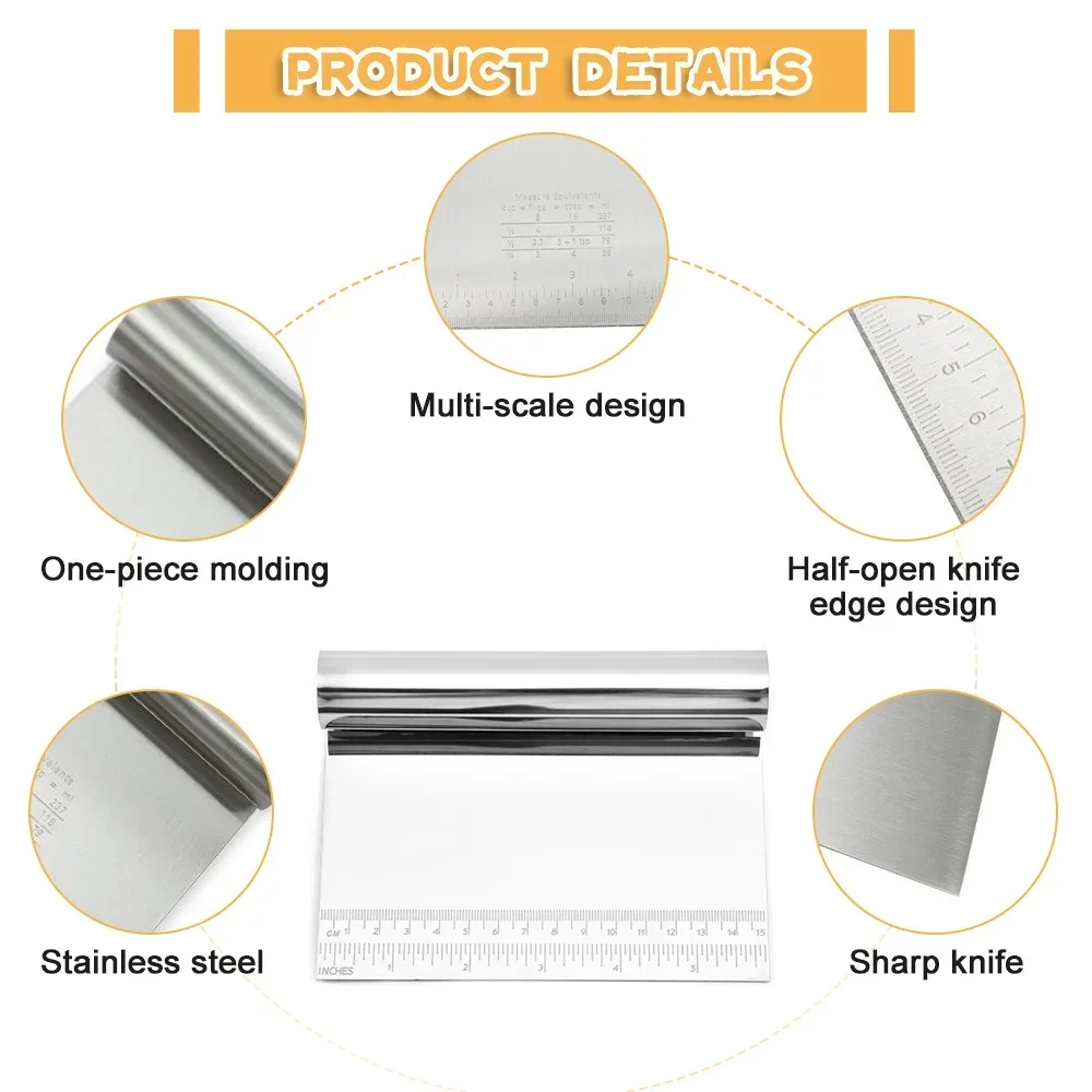 Stainless Steel Dough Pastry Scraper Pizza Cutter Chopper with Measuring Scale Multipurpose Cake Bread Separator Scale Knife