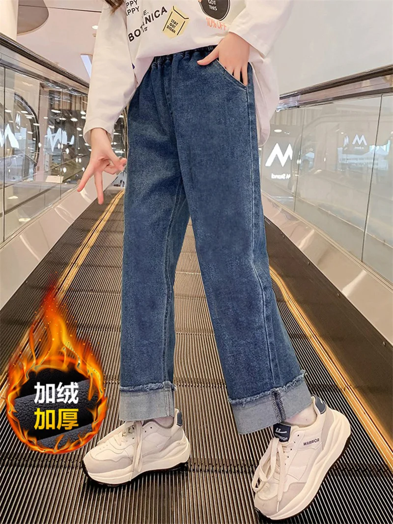 Girls Pants Kids Pants Girls Trousers Teen Padded Jeans Pants Girl Winter Casual Denim Wide Leg Kids Velvet Warm Autumn Children Fashion Straight Trousers