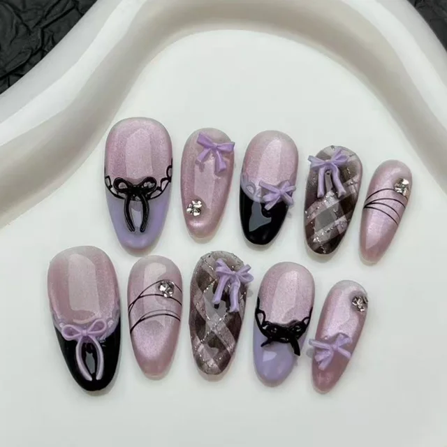10pcs Purple Cat's Eye Handmade Fake Nails Tips Glitter Mid-length Oval Press on Nails Art Bow Rhinestone Design False Nail Sets