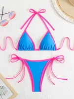 Sexy Micro Bikini 2025 Women Pink Blue Contrast Push Up Tie Side Thong Swimsuit Brazilian Beach Bandage Bathing Suit Swimwear