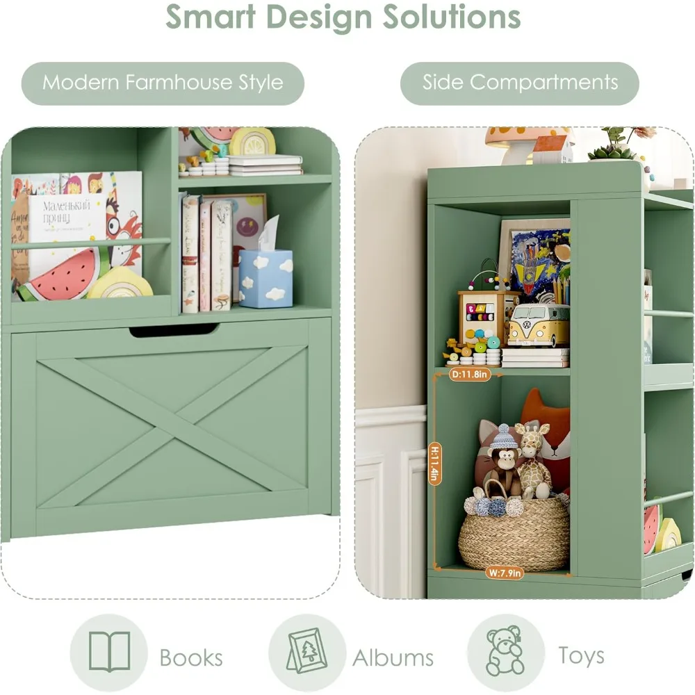 75" Kids Bookshelf with Reading Nook, Toy Storage Organizer with Seat Cushion and Movable Drawers for Playroom, Green