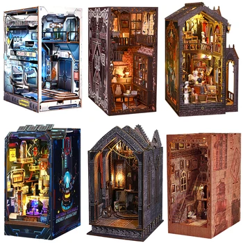 DIY Book Nook Kit Wooden Miniature Doll House 3D Puzzle Assembly Building Model Bookshelf Bookend With Furniture Gifts Dollhouse 1