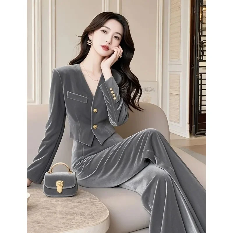 Fashion Autumn New Slim Gold Velvet Top And Pants Two Piece Set Trendy Women Spring Shirt And Pant Suits Plus Size 4XL High End
