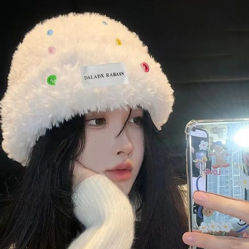 

Colorful Button Decorative Cap Winter Plush Hat Girl Cute Women Korean Fashion Thickened Warm Cold-proof Hats Skullies Beanies