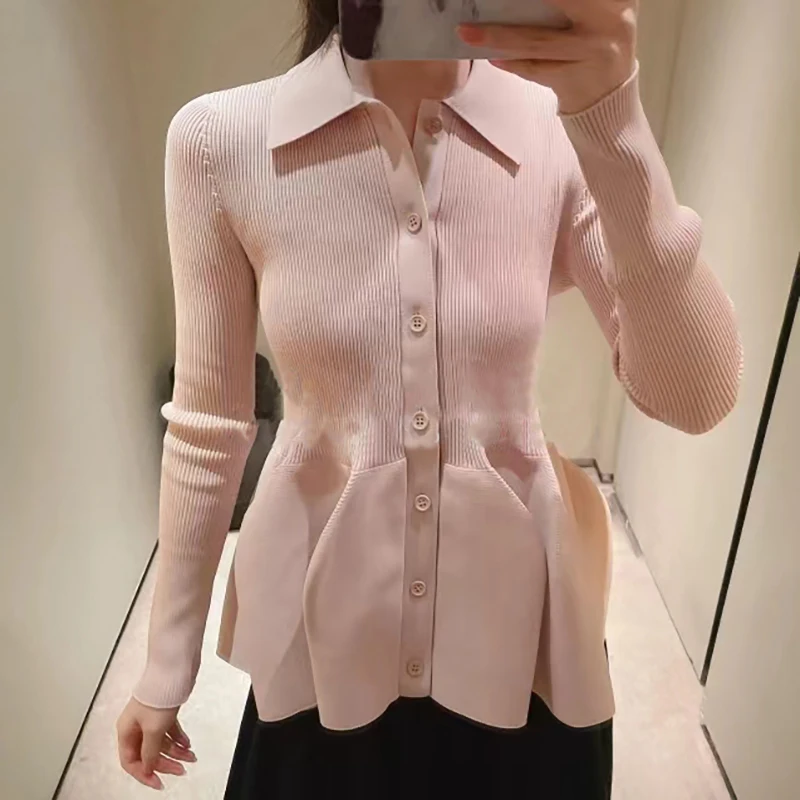 Description Picture 5 of itemFrench Style Knitted Sweater Cardigan Blouse Shirt Spring Autumn Ribbed Knit Collar Pleated Skirt Hem Ladies Women Casual Tops