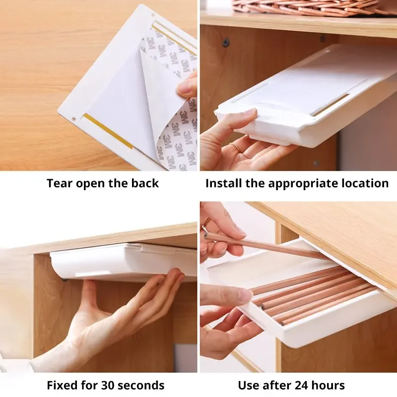Self Adhesive Storage Box 1PCS White SelfAdhesive Storage Drawer Box Makeup Pencil Tray Desk Hidden Under Stand