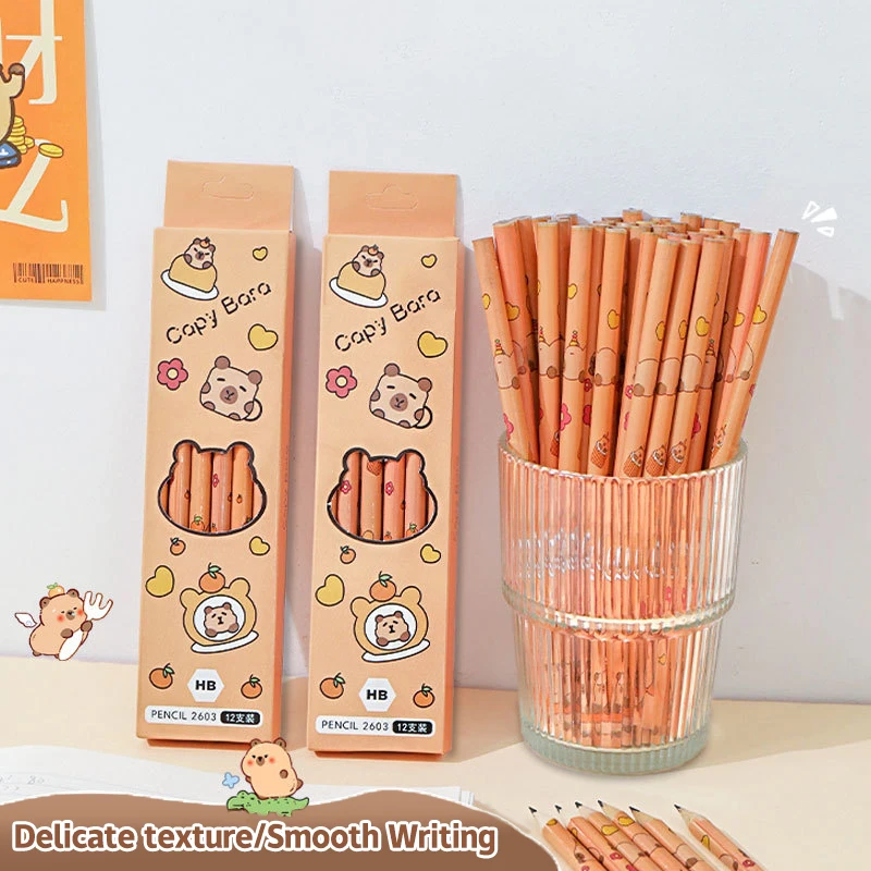 Writing Stationery Eraser Pencil Drawing Pencils Funny Cute Capybara Writing Pencil Cartoon HB Drawing Pencil Student Stationery Sketch Items Creative Fashion 12Pcs