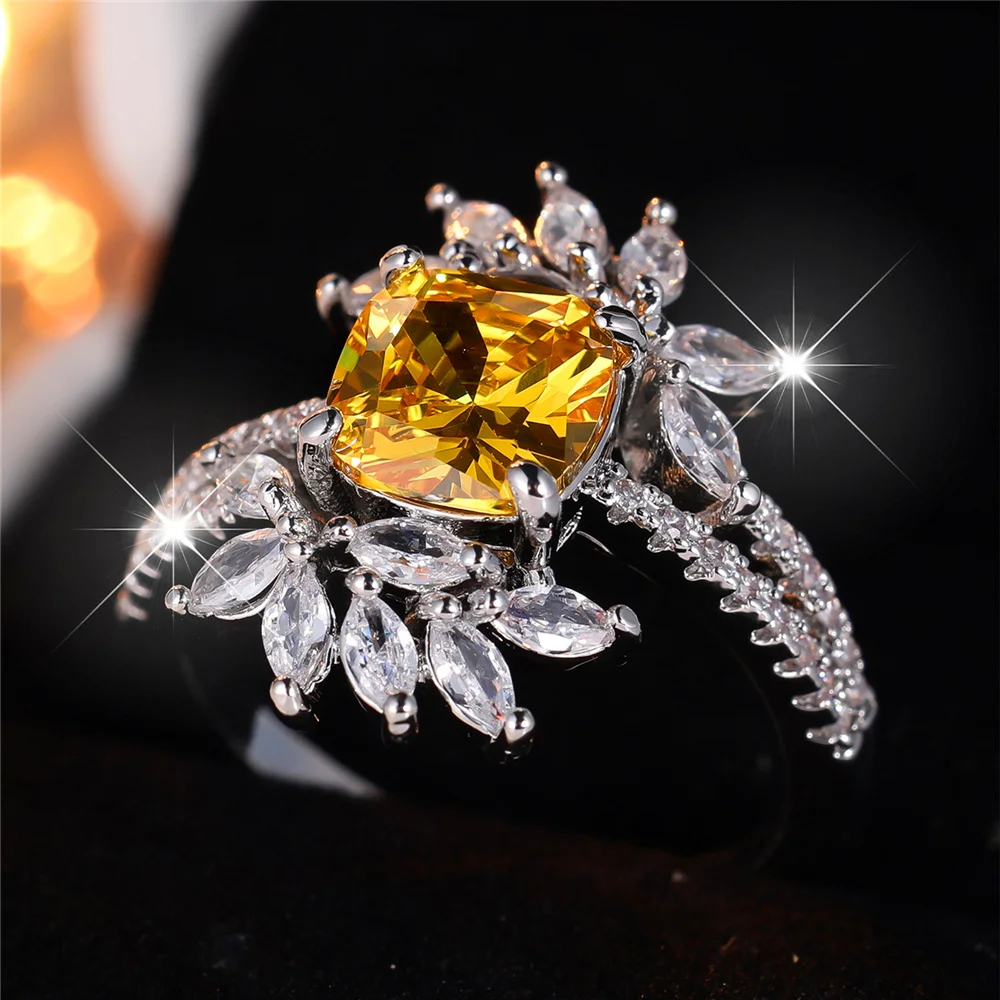 Luxury Female Yellow Zircon Stone Finger Ring Vintage Silver Color Wedding Band Bridal Jewelry For Women