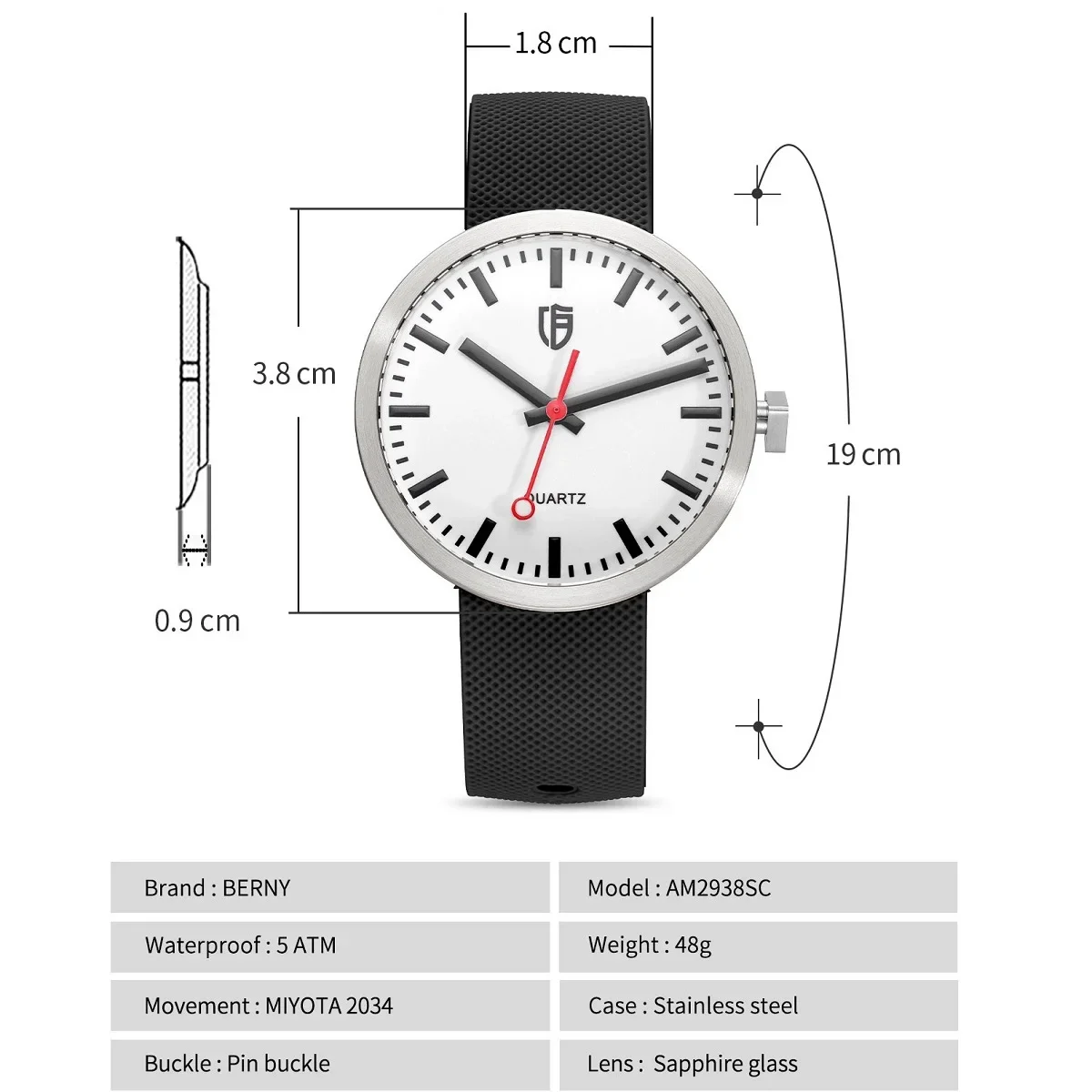 BERNY Men/Ladies Watch 38mm Luminous Dial Railway Sports Quartz Watches Sapphire 5ATM Stainless Steel Soft Silicone Strap