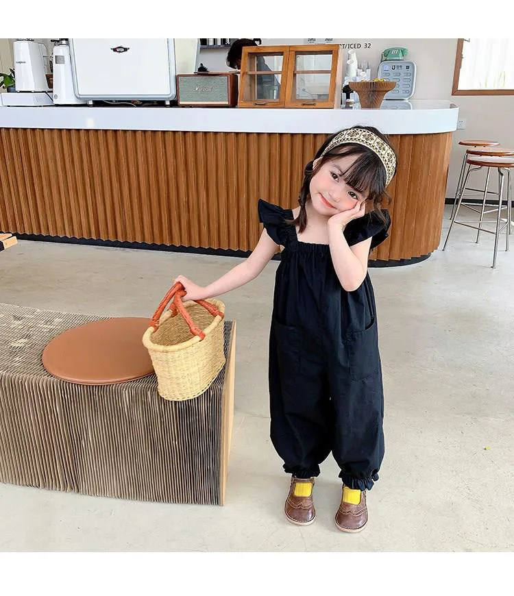 Girls little fly sleeve children overalls pants kids outfits backpack pants summer Children's dress falfashion outside wear jumpsuit spring