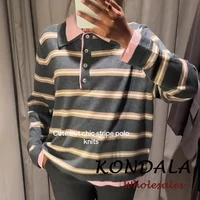 KONDALA Fashion Vintage 2026 Spring Striped Polo Women Knit Shirt Casual Loose Buttons Long Sleeve Streetwear Female Chic Tops