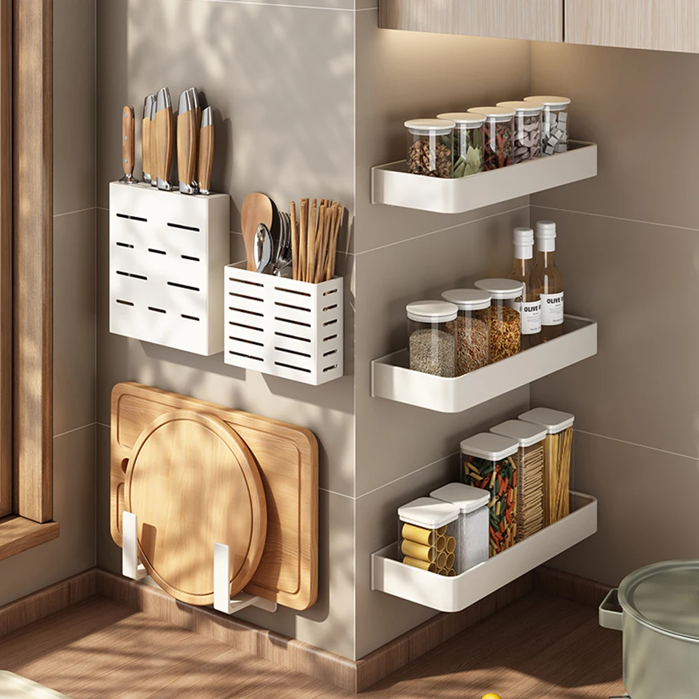 Kitchen Shelf Wall-mounted Space Aluminum Seasoning Rack Bottle Holder Chopstick Kitchen Organizer Storage Accessories