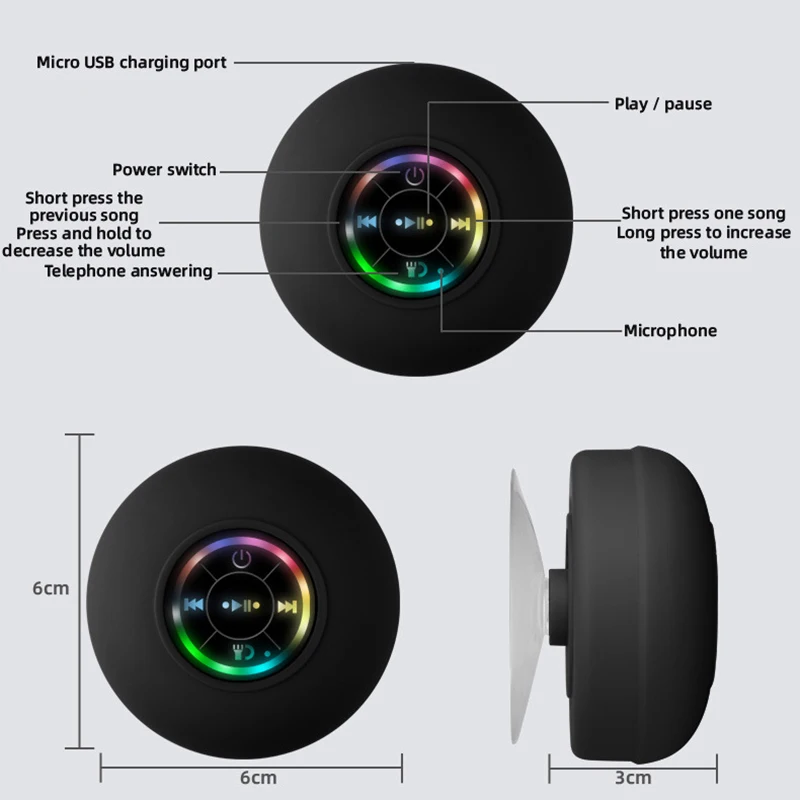 Mini Bluetooth Speaker Shower Subwoofer Waterproof Handsfree Loudspeaker RGB Light with Suction Cup Mic for Bathroom Pool Beach 2