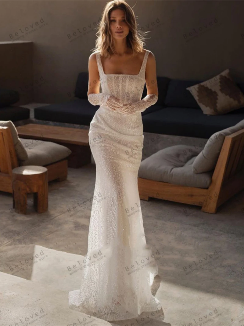 Modern Wedding Dresses Square Collar Bridal Gowns Spaghetti Straps Robes Lace Appliques Vintage Vestidos De Novia Customized 4