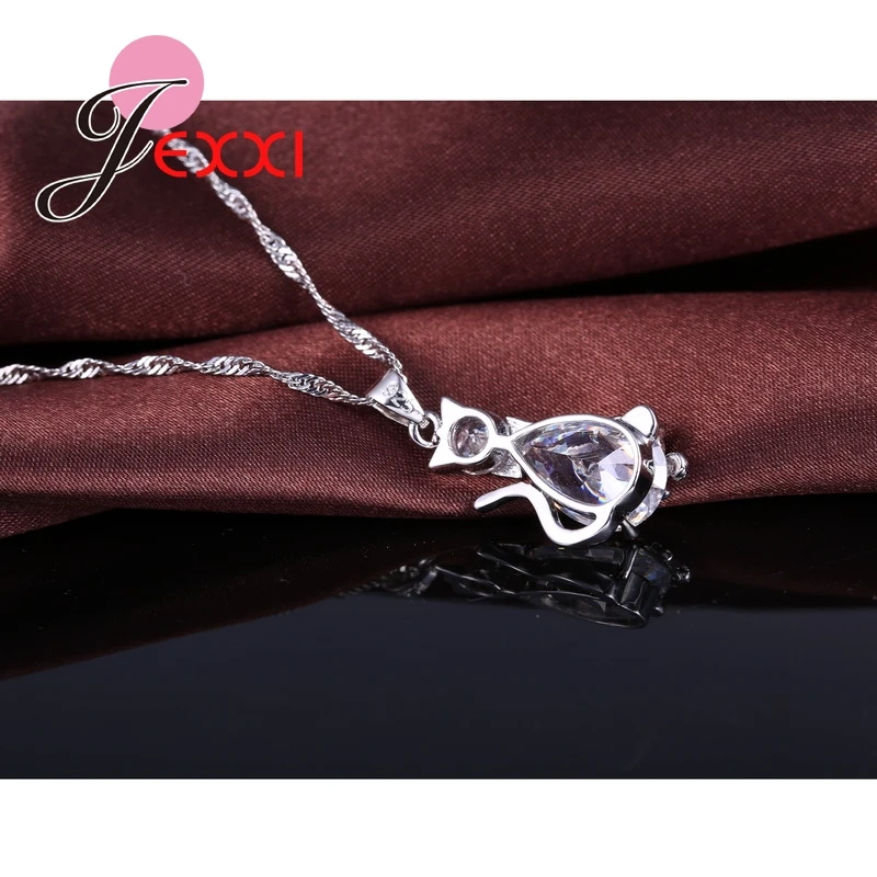 Genuine 925 Sterling Silver Lovely Cat Shape Cubic Zirconia Pendant Necklace Earrings Jewelry Sets For Women Ladies jewelry set silver jewelry silver jewelry set