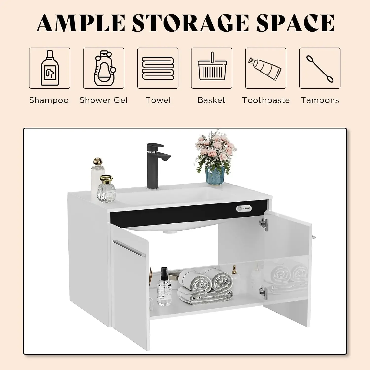 31" LED Floating Bathroom Vanity with Sink, High Gloss Single Sink Wall Mounted Bathroom Storage Vanity Cabinet, Modern Bathroom 6