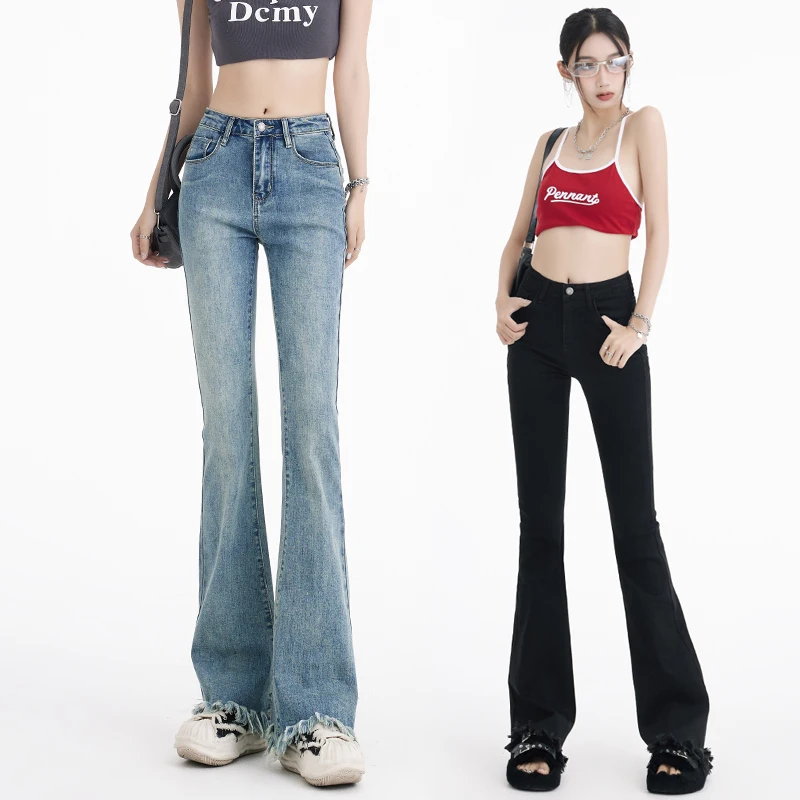 Raw Edge Micro Flare Jeans For Women High Waist Elastic Slim Flared Denim Pants Casual Retro Fit Skinny Trousers Elegant Fashion