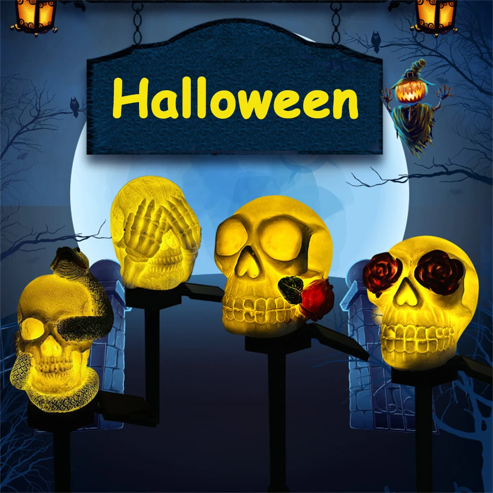 Halloween Skull Stake Lights Solar Outdoor Horror Skull Lights Pathway