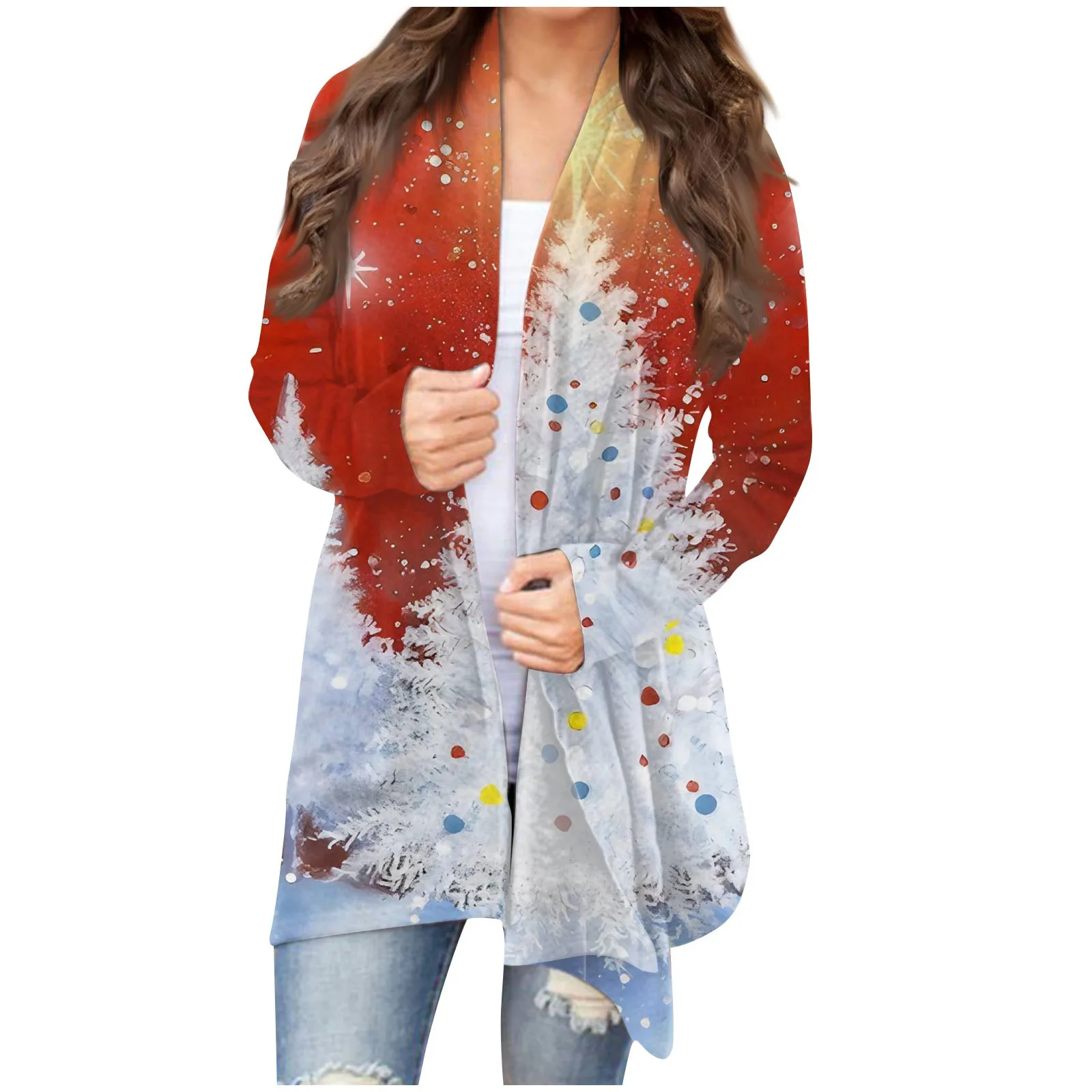

Women's Clothing Autumn Winter Fashion Cartoon Print Christmas Outewear Cardigan Jacket Casual Irregular Long Sleeve Tunic Coats