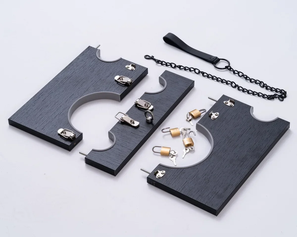 Removable Metal Chain Wood Shackles Hand Cuffs Neck Collar Lock BDSM Bondage Restraint Erotic Sex Toys for Couples Adult Games