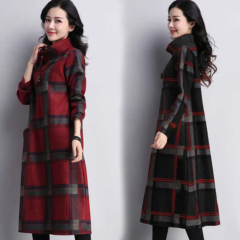 

Winter Women Long Dress Vintage Turtleneck Long Sleeve Velvet Plaid Dress 2022 New Loose Woolen A-Line Dress CJH001