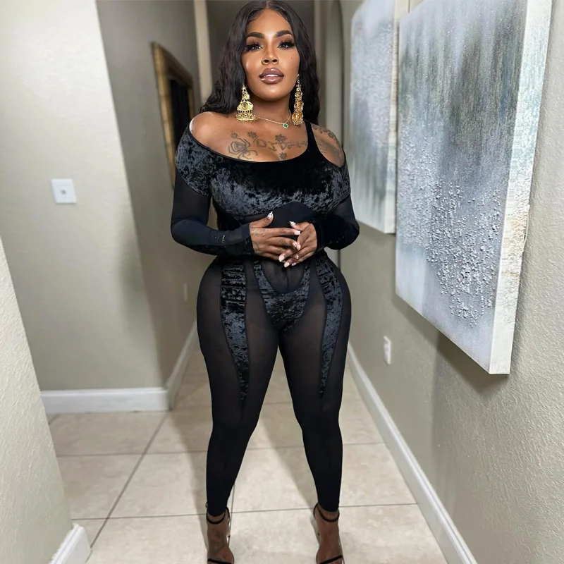 

2023 summer new one shoulder long sleeved patchwork perspective sexy and elegant party jumpsuit