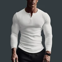 Men’s Casual Waffle Fitness Muscle T-Shirt Long Sleeve Solid Color Button V Neck Basic Breathable Tops Tees T Shirts Clothing