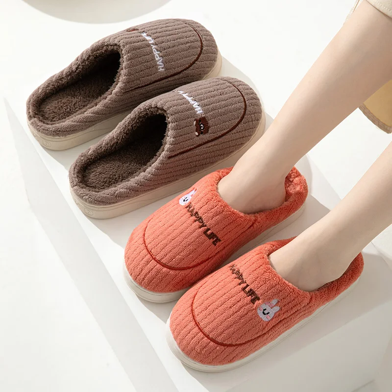 Cartoon Cotton Slippers Women's Warm Couple Home Use Thick Bottom Home Pedaling Feeling Fur Slippers Men's Winter Non-slip Shoes 5