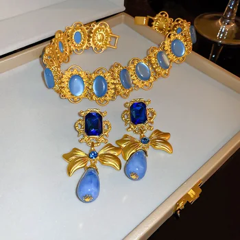 2023 New Vintage Palace Jewelry Blue Rhinestone Resin Stone Choker Necklace Drop Earrings Geometric Round Necklaces Earrings 1