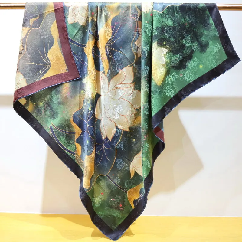 

Flower Oil Painting double sided 100% natural Silk scarf Shawl Bandanna Pashmina 110CM Foulard Female Hijab for Women Scarves