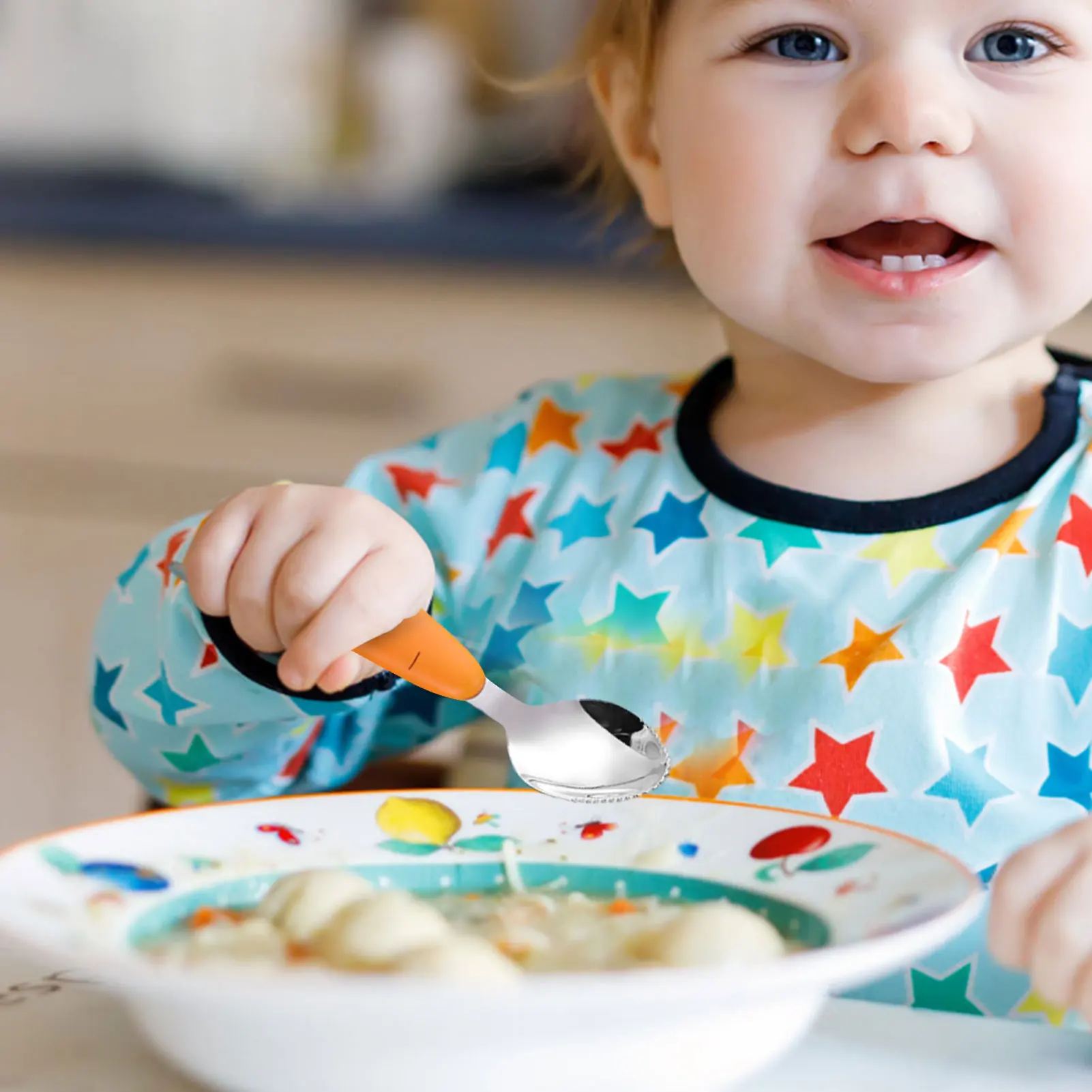 Toddler Utensils Stainless Steel Baby Forks And Spoons With Cartoon Carrot Round Handle Round Cartoon Carrot Handle Kids